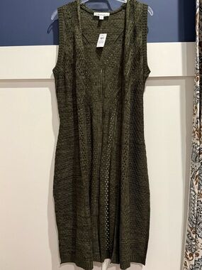 Tantrums Olive Open-Knit Sleeveless Long Duster Size S/M NWT